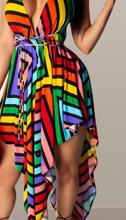 Colorblock V Neck Bohemian dresses